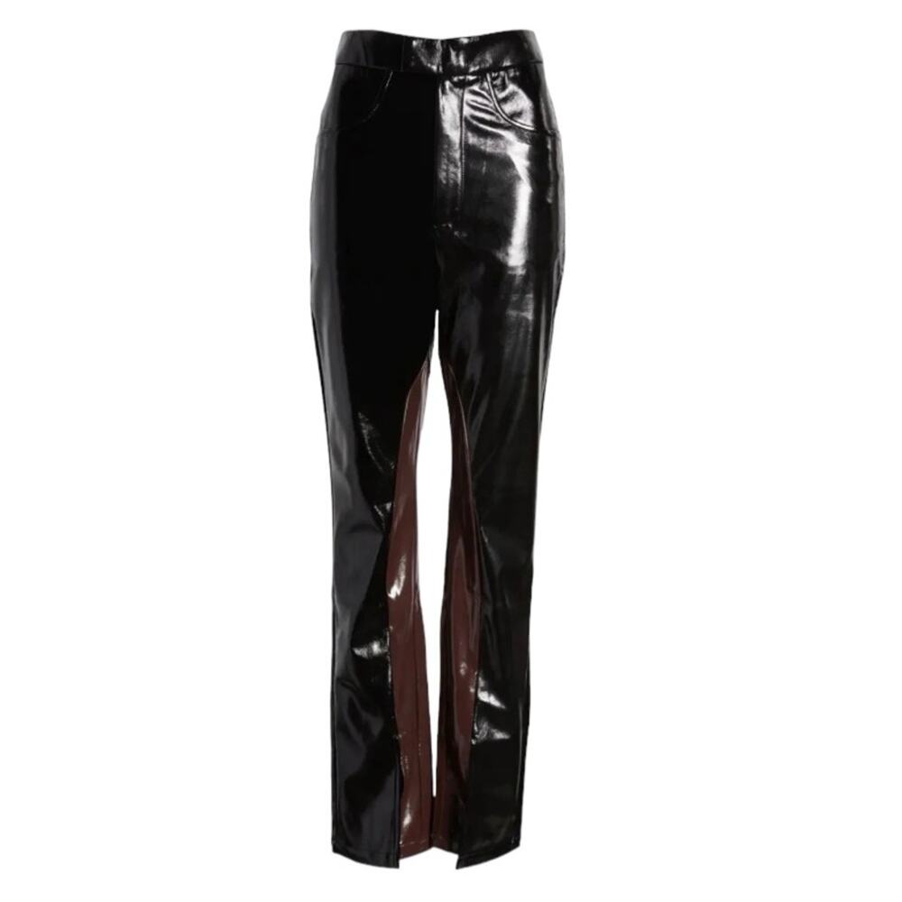 Amy Lynn Cybercore PVC Pants Size 28 Waist Split Leg High Rise Black Brown Vinyl